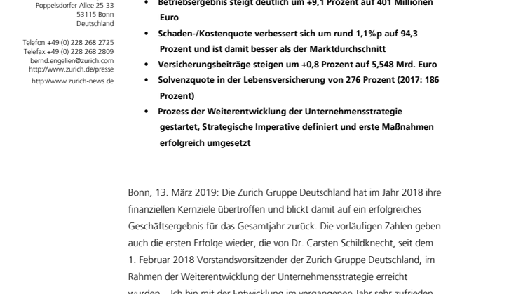 Jahresbericht 2018: Zurich Gruppe Deutschland übertrifft ihre Ziele