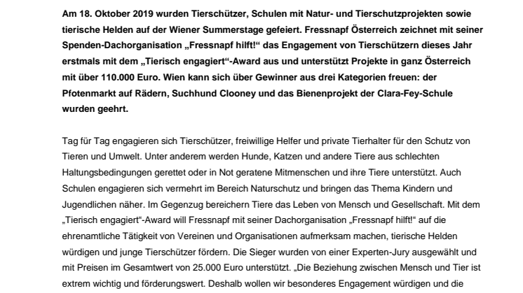 Goldener Fressnapf für Wiener Tierschützer und tierischen Held