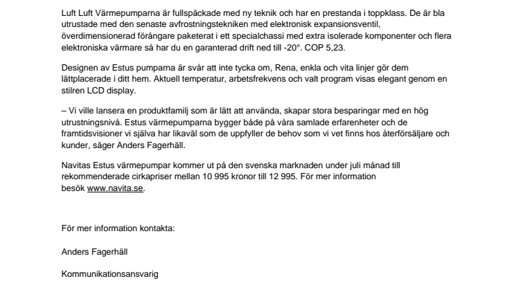 Navita Värmepumpar lanserar Estus serien.