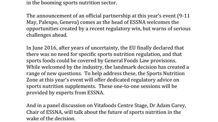 PRESS RELEASE: Vitafoods Europe teams up with ESSNA  to tackle sports nutrition challenges