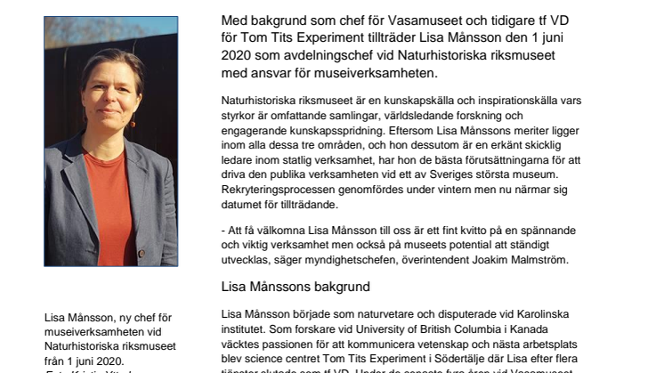 Lisa Månsson ny chef för museiverksamheten vid Naturhistoriska riksmuseet