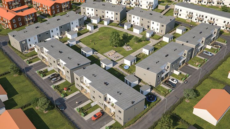 Översiktsillustration av de nya radhusen i BoKlok Neptunus, Fullerö hage, Uppsala. 
