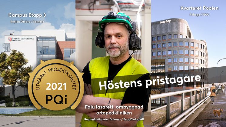 Tre projekt har kvalificerat sig för utmärkelsen "PQi - Utmärkt Projektkvalitet" - Campus Etapp 3 (Region Örebro / Serneke), Falu Lasarett ombyggnad ortopedkliniken (Regionfastigheter Dalarna / Byggdialog AB) och Kvarteret Poolen (Fabege / NCC)