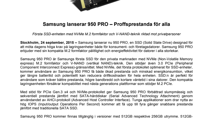 Samsung lanserar 950 PRO – Proffsprestanda för alla