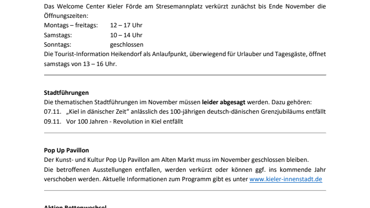 Verkürzte Öffnungszeiten im Welcome Center, Führungen und Ausstellungen teilweise abgesagt