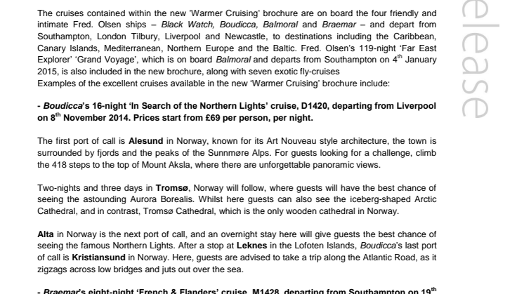 Fred. Olsen Cruise Lines’ launches ‘Warmer Cruising’ brochure of great-value winter 2014/15 cruises