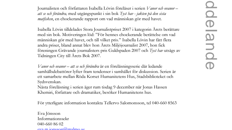 Tyst hav - jakten på den sista matfisken, föreläsning på Stadsbiblioteket i Malmö