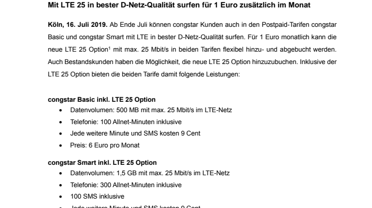 Neu ab Ende Juli: LTE 25 Option für congstar Basic und congstar Smart