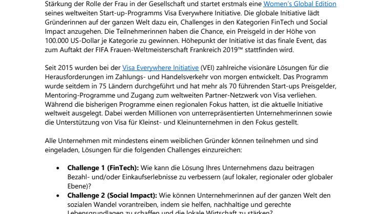 Visa startet ersten weltweiten Wettbewerb für Gründerinnen