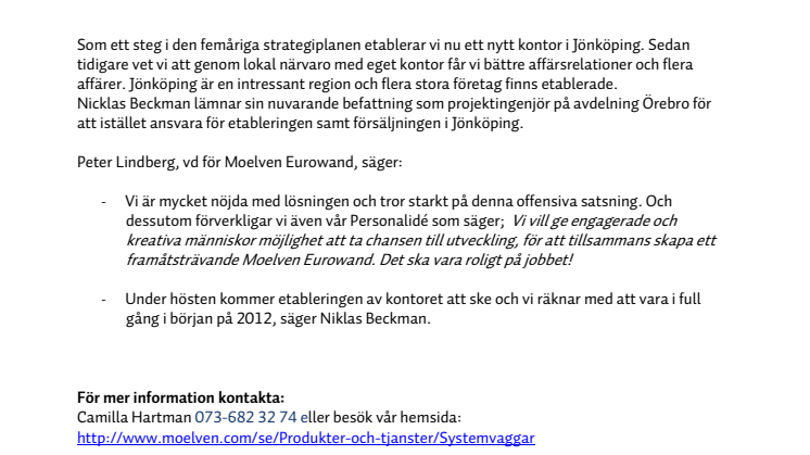 Moelven Eurowand expanderar och etablerar nytt kontor i Jönköping