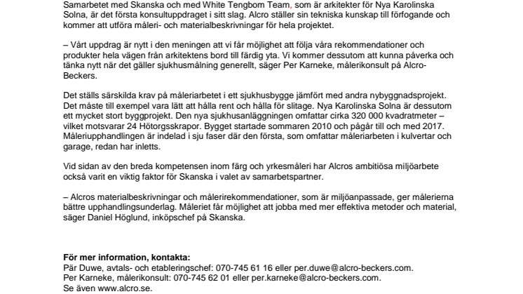 Alcro samarbetar med Skanska i bygget av Nya Karolinska Solna 