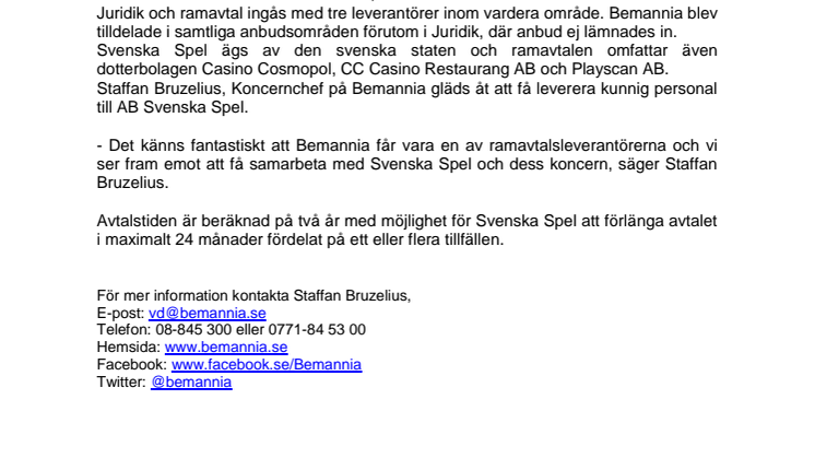 Bemannia utvald leverantör till Svenska Spel 