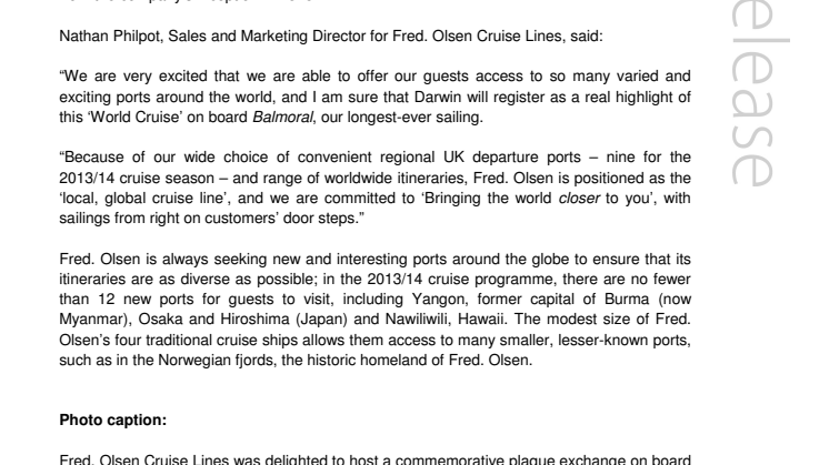 Fred. Olsen Cruise Lines’ flagship Balmoral  makes her maiden call into Darwin, Australia