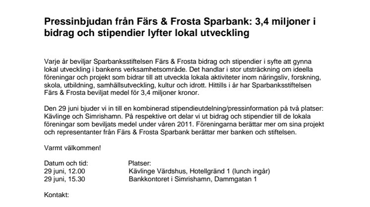 Pressinbjudan från Färs & Frosta Sparbank: 3,4 miljoner i bidrag och stipendier lyfter lokala projekt