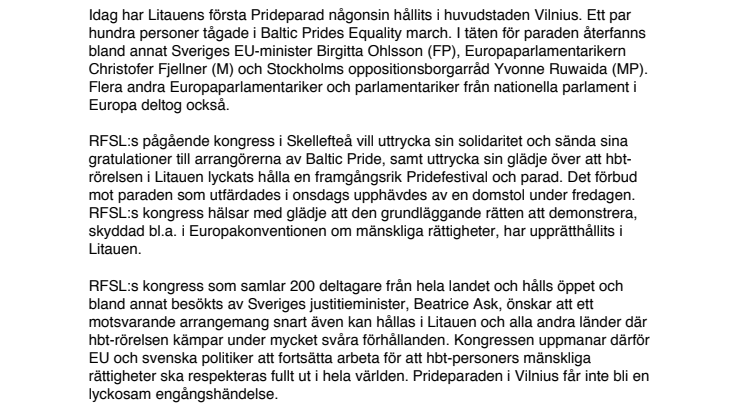 RFSL:s kongress gratulerar Baltic Pride