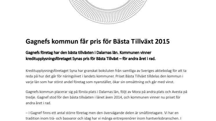 Gagnefs kommun får pris för Bästa Tillväxt 2015