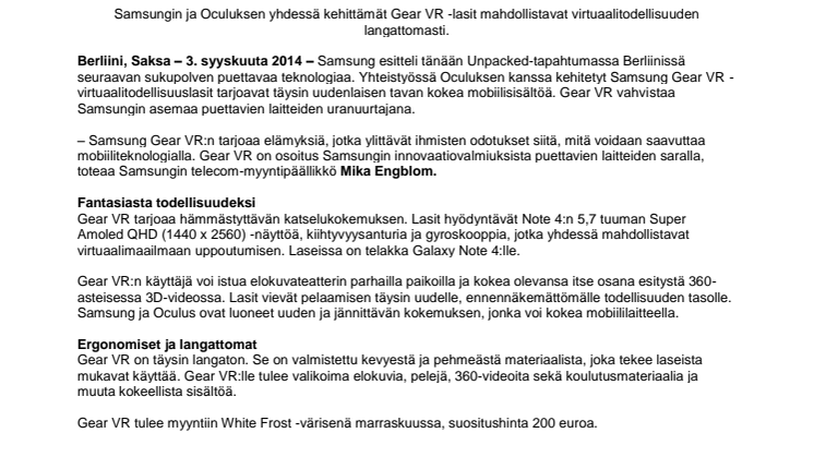 Samsung esitteli Gear VR -virtuaalitodellisuuslasit