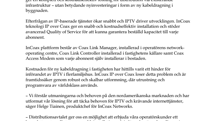 InCoax har tecknat ett distributionsavtal för Nordamerika