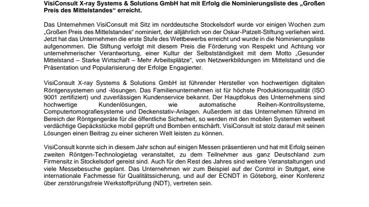 VisiConsult hat die Nominierungsliste des „Großen Preis des Mittelstandes“ erreicht