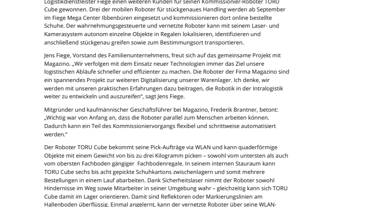 Pressemitteilung FIEGE kauft Magazino Roboter