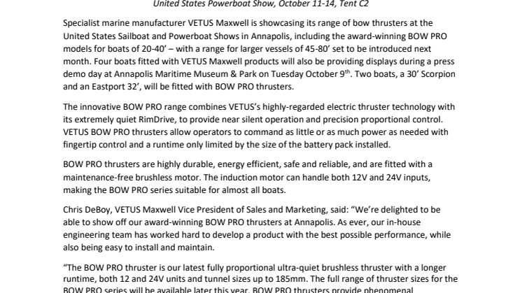 VETUS Maxwell Showcases Award-Winning Range of Precision Controlled and Near-Silent Bow Thrusters