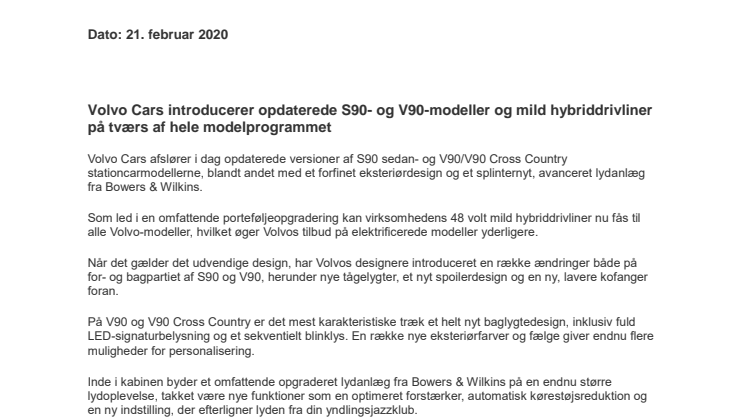 Volvo Cars introducerer opdaterede S90- og V90-modeller og mild hybriddrivliner på tværs af hele modelprogrammet 