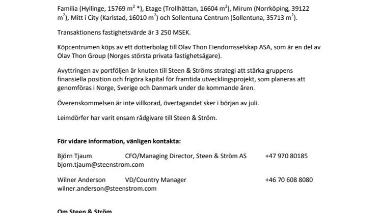 STEEN & STRÖM SÄLJER FEM SVENSKA KÖPCENTRUM FÖR 3250 MSEK