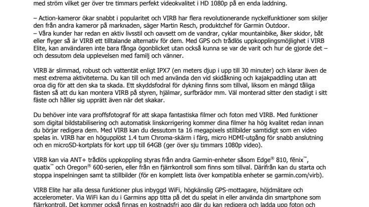 Garmins nya, kompakta, vattentäta action-kameror VIRB™ och VIRB Elite