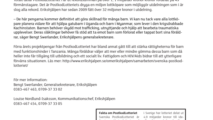 Erikshjälpen fick återigen stor utdelning  av PostkodLotteriet