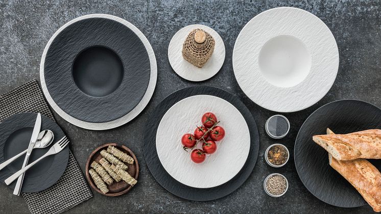Greater versatility in an authentic shale look – The successful collection The Rock is being expanded with cups and square plates