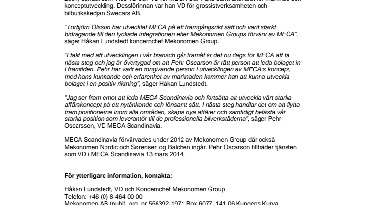 Pehr Oscarson ny VD för MECA Scandinavia AB