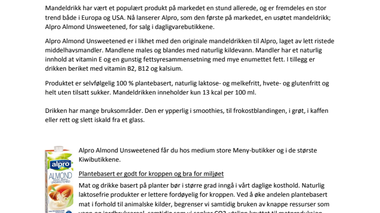 Alpro mandeldrikk usøtet lanseres