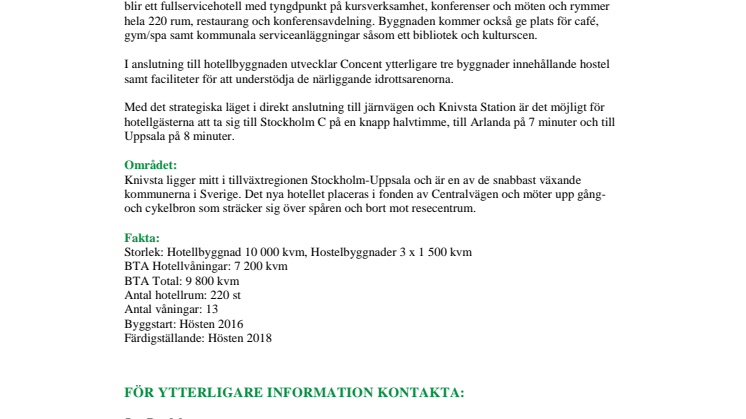 Concent utvecklar nytt hotell i Knivsta