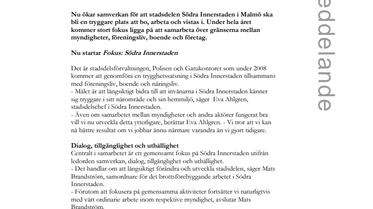 Ökat samarbete för ett tryggare Södra Innerstaden