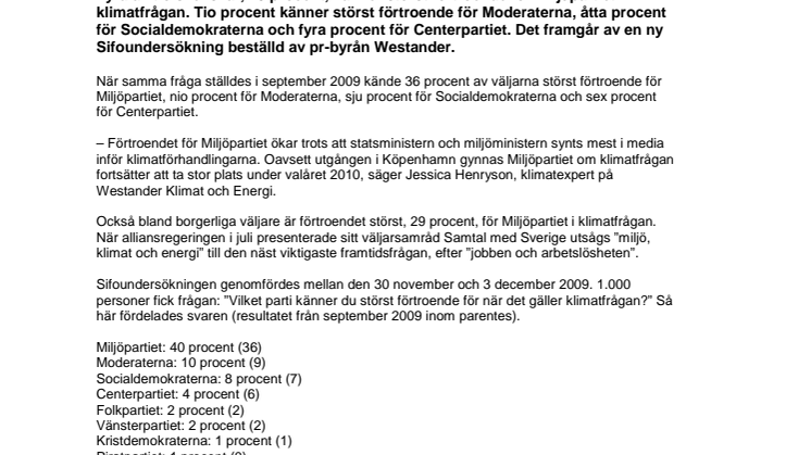 Ny Sifoundersökning: Störst förtroende för Miljöpartiet i klimatfrågan