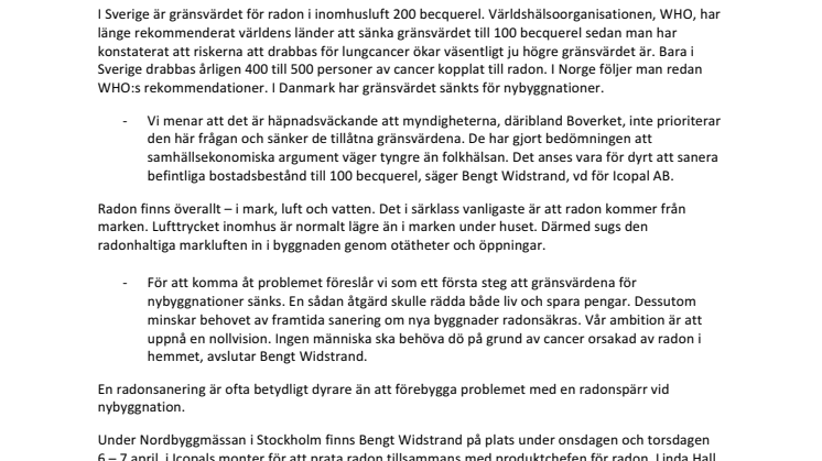 Icopal vill se krafttag kring gränsvärden för radon