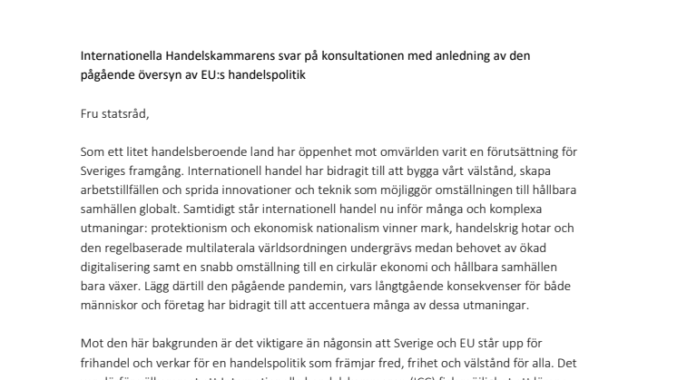 Brev till utrikeshandelsminister Hallberg ang. EU:s handelspolitiska översyn