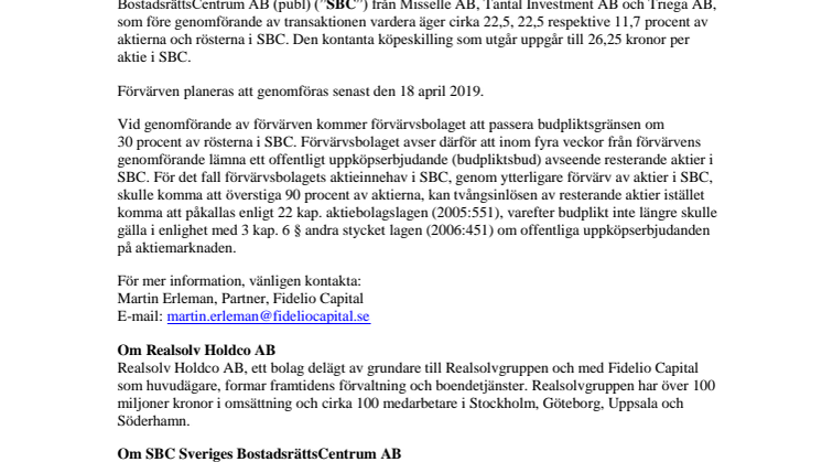 Realsolv Holdco AB ingår avtal om förvärv av 56,8 procent av aktierna i SBC Sveriges BostadsrättsCentrum AB