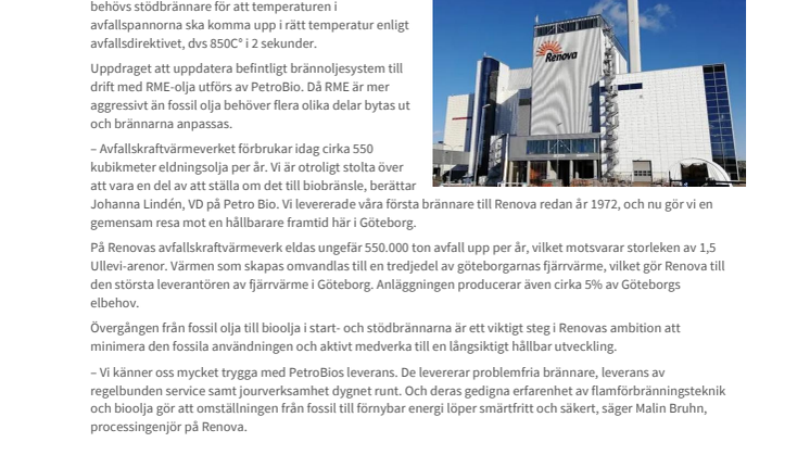 PetroBio hjälper Renova byta ut fossilt bränsle mot förnybart