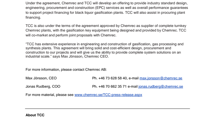 Chemrec enters into cooperation agreement with China Tianchen Engineering Corporation on advanced biofuel plants