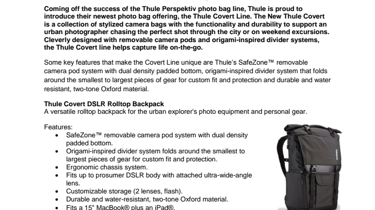 Thule Expands Photo Bag Line Offering by Introducing the Thule Covert Line for Urban Photographers