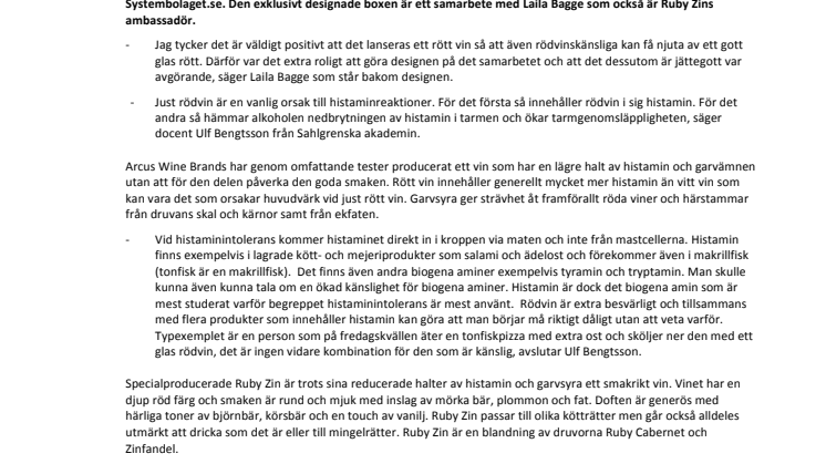 Ruby Zin - unikt vin med reducerade halter av histamin och garvämnen