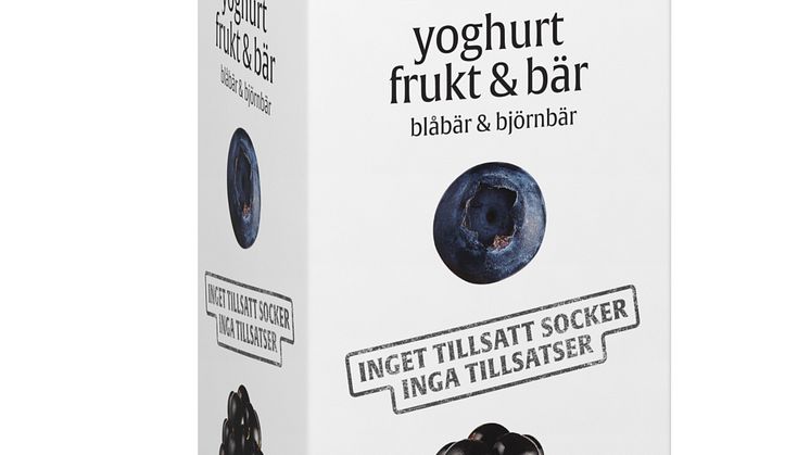 ”Bara” Yoghurt, frukt & bär kommer i två smakvarianter – Hallon/Jordgubb 1L och Blåbär/Björnbär 1L. 