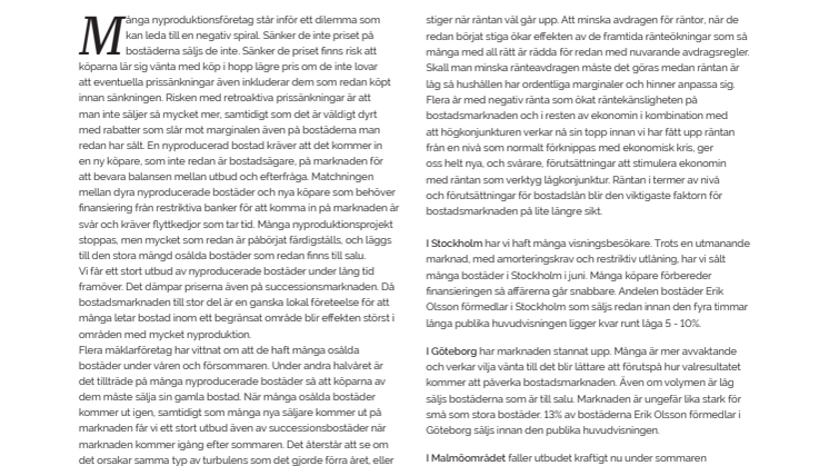 Erik Olsson Fastighetsförmedling kommenterar bostadsmarknaden 16 juli 2018