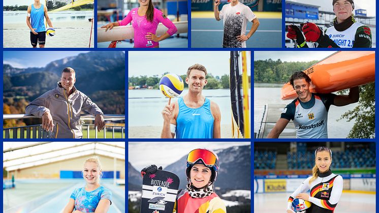 Collage Zurich Sports Team. Mitte: Alexander Walkenhorst; im Uhrzeigersinn: Sven Winter, Tabea Alt, Marvin Möller, Justus Strelow, Yul Oeltze, Anna Seidel, Ramona Hofmeister, Lisa Mayer, Johannes Lochner. 