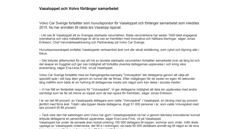 Vasaloppet och Volvo förlänger samarbetet