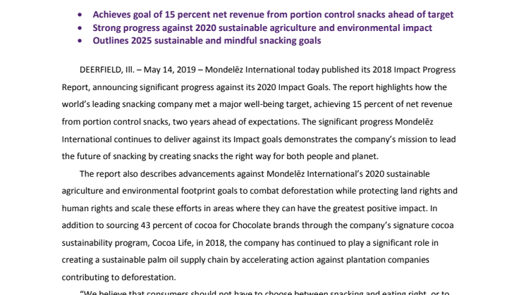 Mondelēz International Delivers Strong Progress Against Its Sustainable and Mindful Snacking Goals