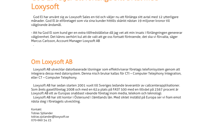 God El väljer att förlänga sitt avtal med Loxysoft