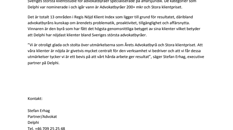 Delphi stolt vinnare i Årets Advokatbyrå 2015