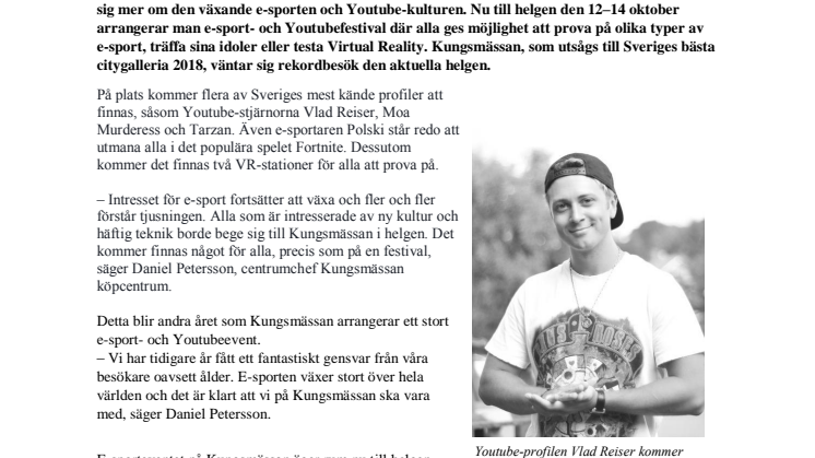 Stor e-sport- och Youtubefestival på Kungsmässan – utmana proffs i Fortnite, träffa idoler och testa VR, 12–14 oktober